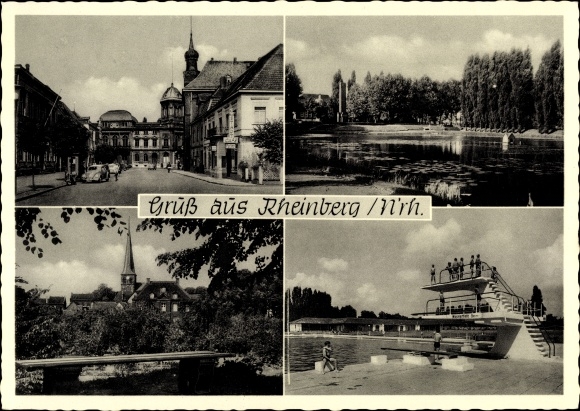 Ak Rheinberg am Niederrhein, duiktoren in het buitenzwembad, vijver, stadscentrum