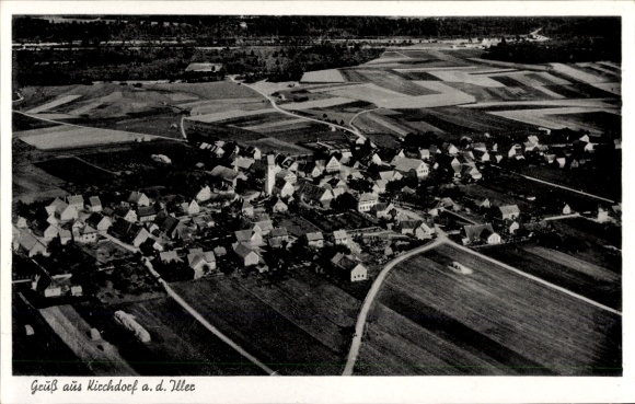 Postcard Kirchdorf an der Iller Württemberg, aerial photograph of a village, fields, roofs, black and white