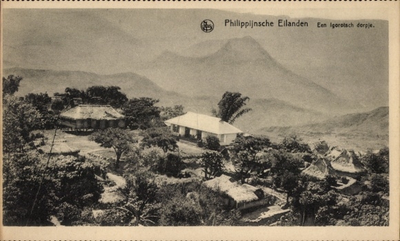 Ak Baguio Philippines Philippinen, Schwarz-Weiß-Bild, Igorot-Dorf, Berge im Hintergrund