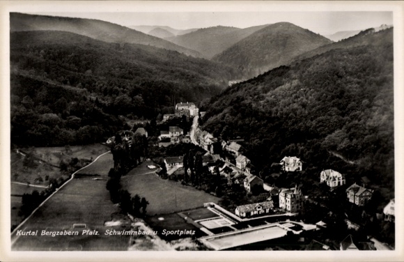 Postcard Bad Bergzabern on the Palatinate Wine Route, swimming pool, sports field, aerial photograph