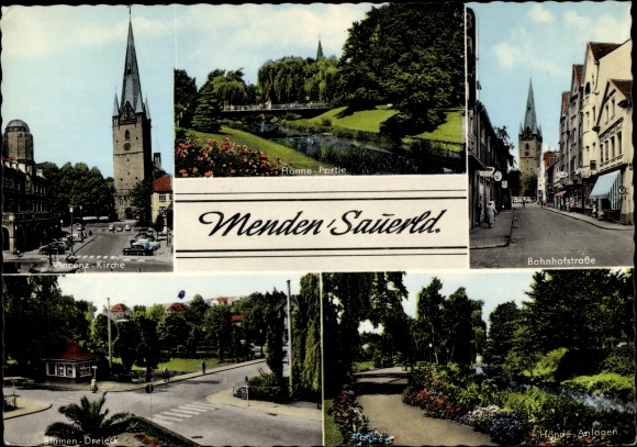 Ak Menden im Sauerland, Bahnhofstrasse, Vincenz-kerk, bloemendriehoek, parken
