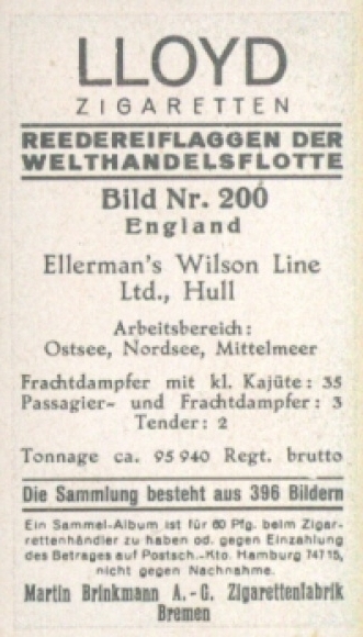 Zbiorcze zdjęcie flag firm żeglugowych Światowej Floty Handlowej nr 200, Ellerman's Wilson Line, Hull