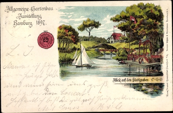 Chromo-Litho Hamburg Mitte Altstadt, General Horticultural Exhibition 1897, Stadtgraben