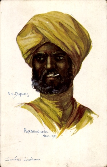 Kunstenaar ansichtkaart Dupuis, Emil, Franse bondgenoten, Indiase soldaat, cavalerie, portret