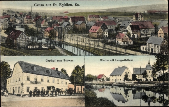 Ak St. Egidien Sachsen, overzicht, Gasthof zum Schwan, kerk, rivier de Lungwitz