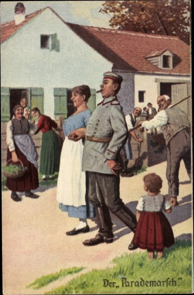 Postcard The parade march, soldier struts with his wife through the village, always a specialist, I. WW