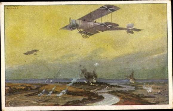 Artist PC Schulze, Hans Rudolf, military biplane on a reconnaissance flight on the Marne, WWI