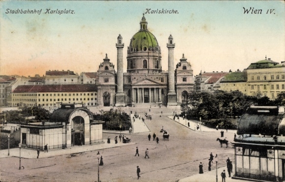 Postcard Wien 4 Wieden, Karlskirche, Karlsplatz city station