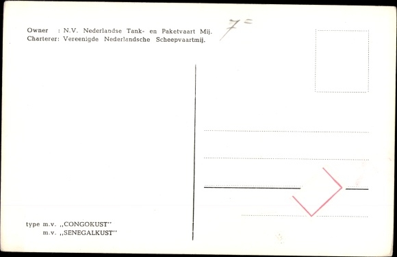 Postcard MV Congokust, MV Senegalkust, NV Nederlandse Tank en Paketvaart Mij.