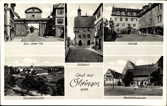 Ak Öhringen in de wijk Hohenlohe in Württemberg, kasteel, stadhuis, bovenpoort, marktfontein