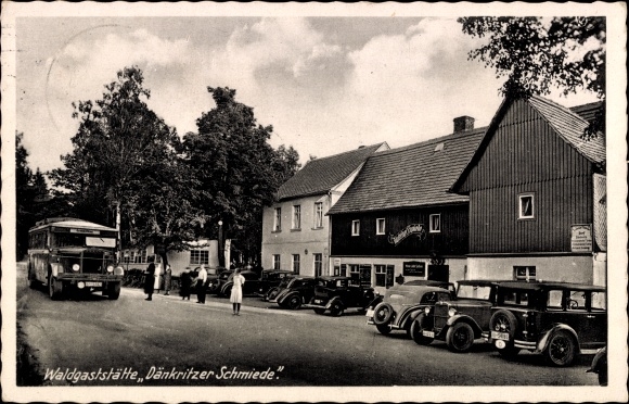 Postcard Dänkritz Neukirchen in Saxony, forest restaurant Dänkritzer Schmiede, bus
