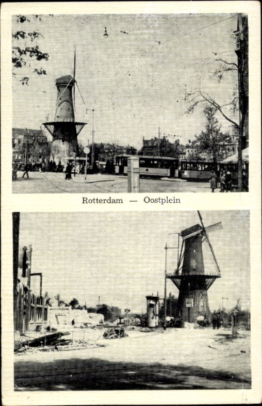 Postcard Rotterdam, Oostplein, windmill, tram, ruins, war damage WWII