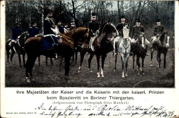 Cesarzowa Wilhelm II z książętami podczas przejażdżki konnej po berlińskim Tiergarten
