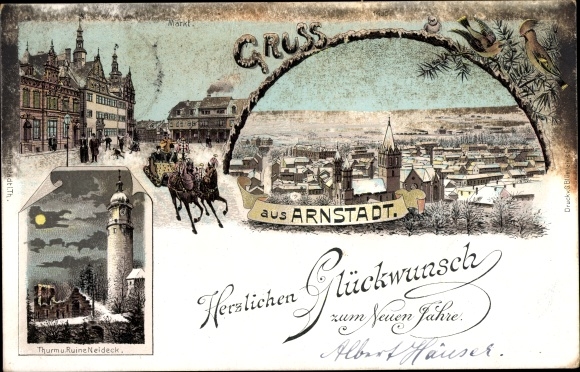 Winter Chromo-Litho Arnstadt in Thuringia, congratulations New Year, horse-drawn sleigh, city view, ruin Neideck