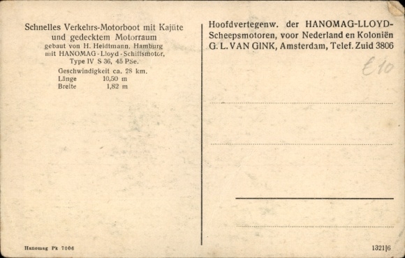 Postcard Fast transport motorboat with cabin and covered engine room, Hanomag Lloyd