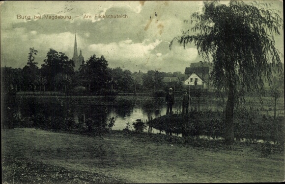 Postcard Burg near Magdeburg, black and white picture, pond, tree, two people