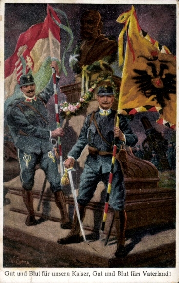Artist Postcard Good and Blood for our Emperor, Good and Blood for the Fatherland, kuk Army, Flags