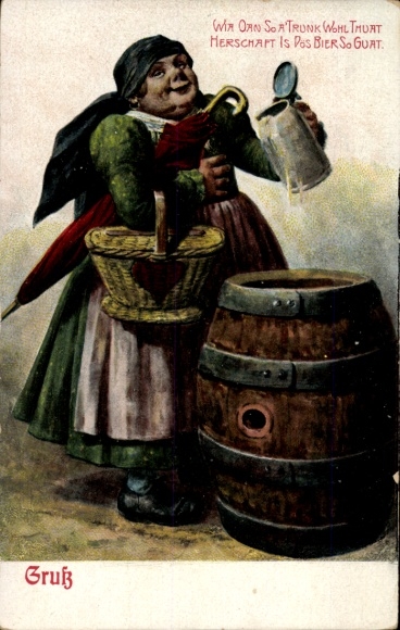 Postcard Woman scoops beer from the barrel, beer mug
