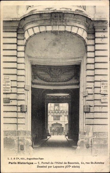 Postcard Paris XI, 7. Portail de l&#39;Hotel de Beauvais, 62, rue St-Antoine, Designed by Lepautre, Tor