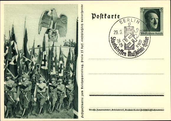 Postal stationery PC Nuremberg, Nazi Party Rally 1937, SA marches, national eagle, standard bearer