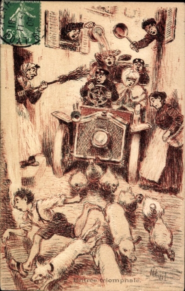 Artist Postcard Entrée triumphale, automobile in a narrow alley, Maggi advertisement