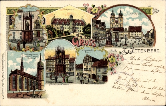 litho Lutherstadt Wittenberg, Lutherhaus, marktplein, monument, kasteelkerk, Melanchthonhaus