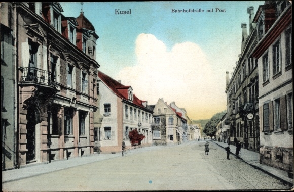 Postcard Kusel in the Palatinate, Bahnhofstrasse, Post