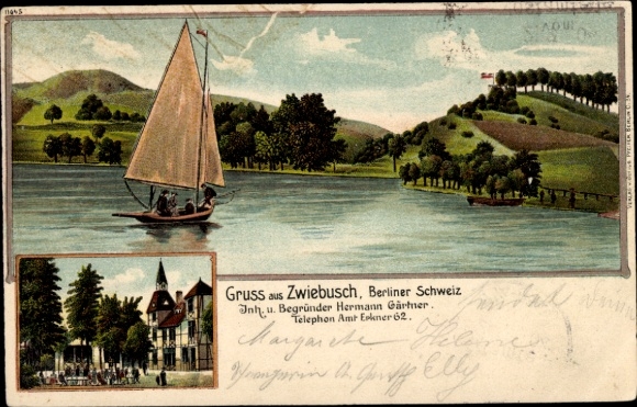 Chromo-Litho Zwiebusch Gosen Neu Zittau in Brandenburg, Berlin Switzerland, sailing boat