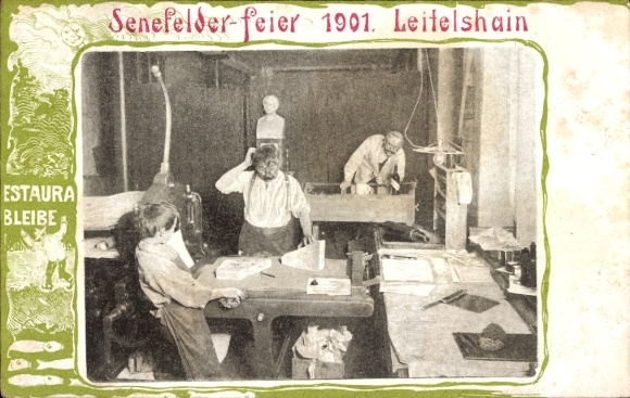 Passepartout Postcard Leitelshain Crimmitschau in Saxony, Senefelder celebration 1901, craftsman
