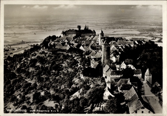 Postcard Waldenburg in Saxony, aerial view of castle, houses, landscape