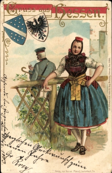 Embossed coat of arms litho greetings from Hesse, woman in Schwalm costume