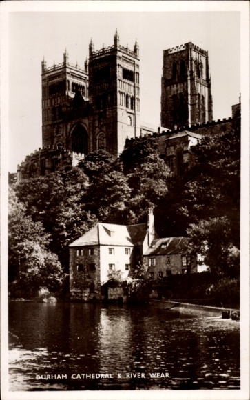 Postcard Durham North East England, Durham Cathedral, River Wear, small house on the bank