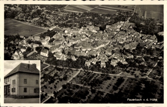 Postcard Fauerbach in front of the Butzbach heights in the Taunus region of Hesse, aerial view of the building in the foreground