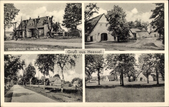Ansichtkaart Heessel Hemmoor in Nedersaksen, gedeeltelijke weergaven, winkel Hertha Bartelt
