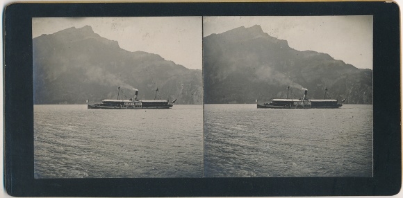 Stereo photo Sisikon Kt. Uri Switzerland, Tellsplatte, saloon steamer on Lake Lucerne