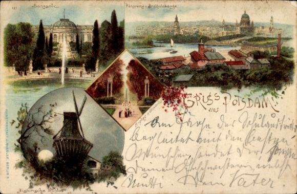 Chromo-Litho Potsdam in Brandenburg, Panorama, Sanssouci, Windmill, Park