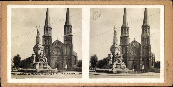 Stereo photo Antwerp Antwerp Flanders, Monument de Loos et Église St. Joseph