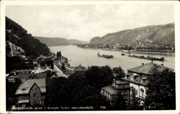 Postcard Andernach am Rhein, view of the Rhine, round tower, ships on the water, hill in the background
