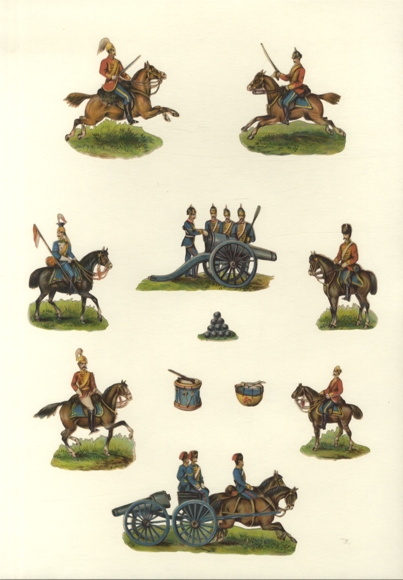 11 wafers soldiers in uniforms, horses, cannons, drums, approx. 9 x 10 cm, 8 x 14 cm, 2.5 x 2.5 cm