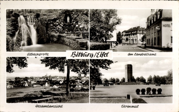 Ak Bitburg in de Eifel, Albachgrotte, districtskantoor, gedenkteken, panorama