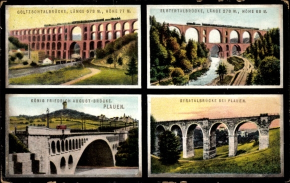 Postcard Plauen in the Vogtland, bridge views, Goltzschtal Bridge, Elstertal Bridge, King Friedrich August