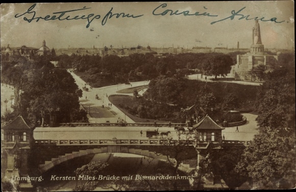 Postcard Hamburg Mitte St Pauli, Kersten Miles Bridge, Bismarck Monument