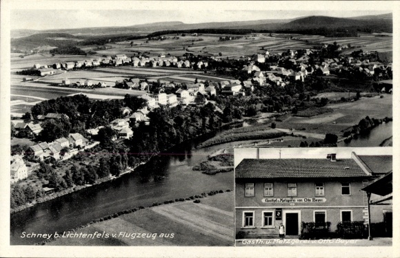 Postcard Schney Lichtenfels in the Obermainland Upper Franconia, aerial photograph, inn and butcher shop