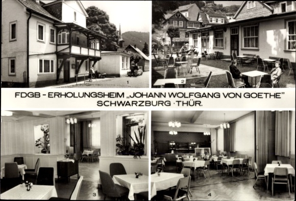 Postcard Schwarzburg in Thuringia, FDGB recreation home, Johann Wolfgang von Goethe, exterior view, interior