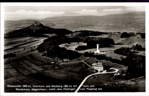 Postcard Hechingen in the Zollernalb district, aerial photograph, Hohenzollern, Zellerhorn, Raichberg, Nägelehaus