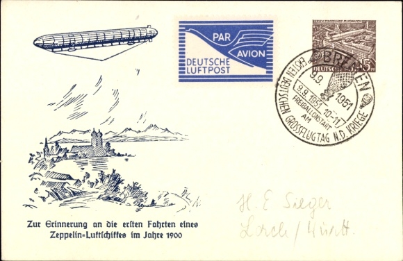 KP z papieru firmowego, sterowiec Zeppelin 1900, znaczek Brema, duży pokaz lotniczy 1951, darmowy start balonu