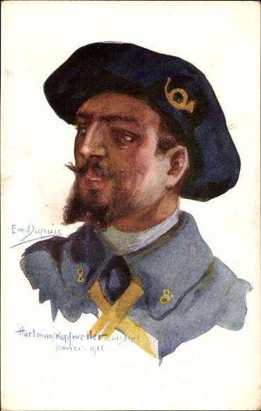 Kunstenaarskaart Dupuis, Emil, Hartmanskopfweiler, soldaat in uniform, posthoorn