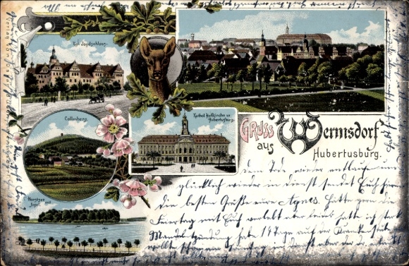 Litho Wermsdorf Sachsen, Schloss Hubertusburg, Jagdschloss, Katholische Hofkirche, Horstsee, Insel