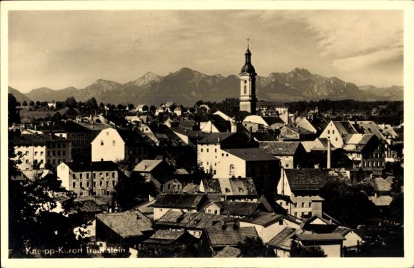 Postcard Traunstein in Upper Bavaria, view of mountains in the background, church tower