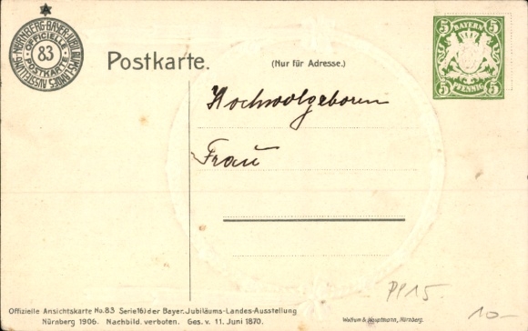 Postal stationery stamping Postcard Nuremberg Middle Franconia, Jubilee State Exhibition 1906, forestry building